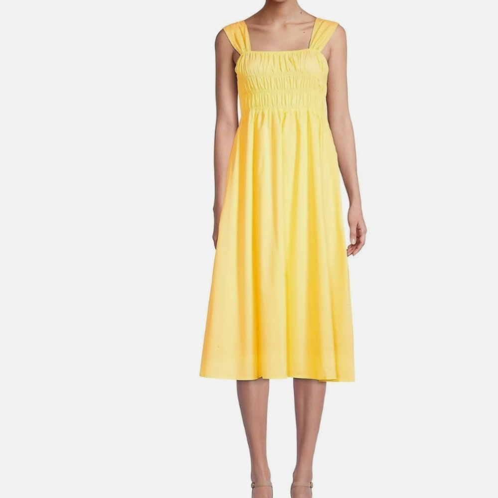 Nanette Lepore Smocked Sleeveless Yellow Glimmer Midi Sun Dress 10
